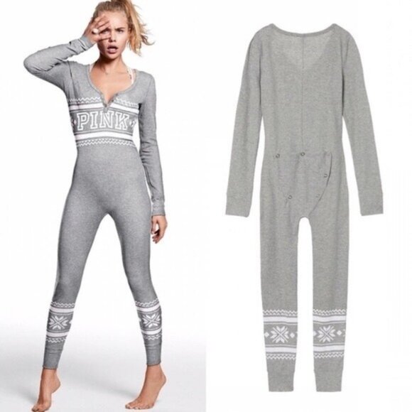 Victoria's Secret PINK Gray Fair Isle One Piece Onesie Pajamas S NEW - Picture 1 of 9